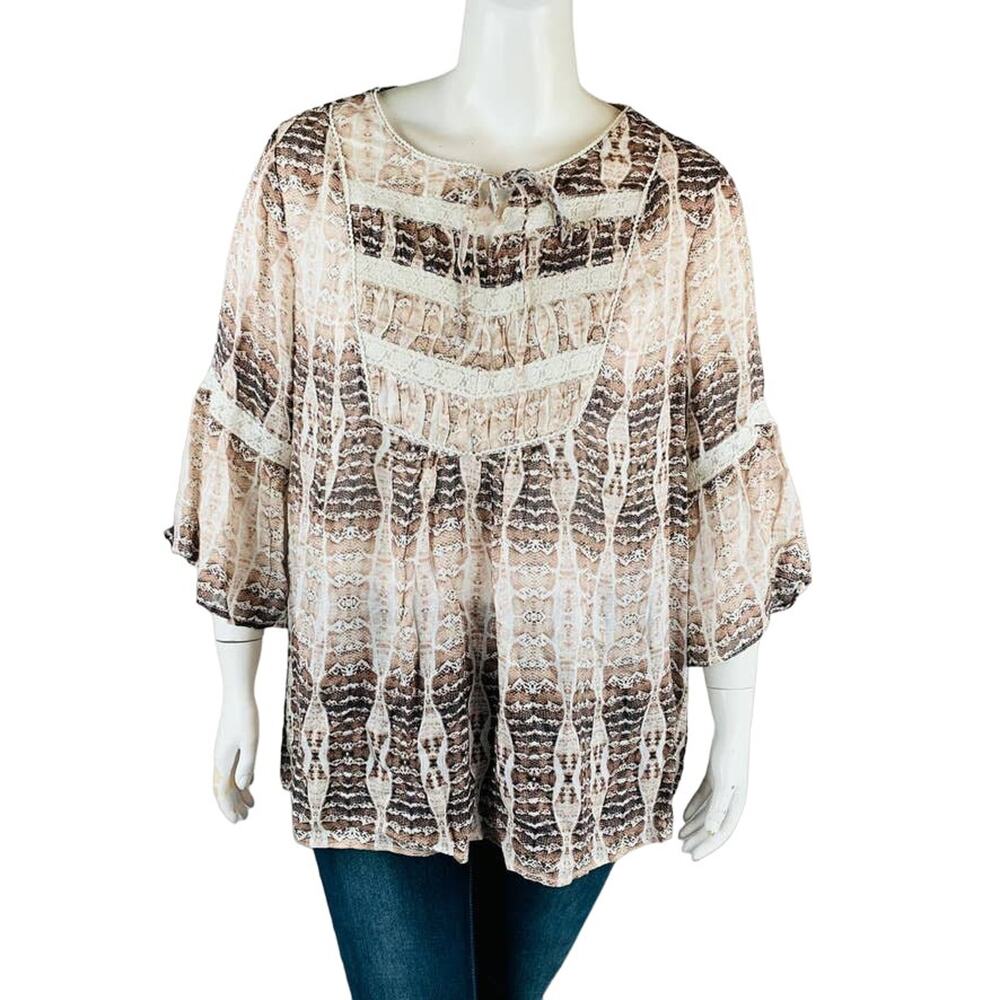 Haute Hippie Womans Sz 2X Plus Blouse Animal Print Top Lace Brown 3/4 Sleeve